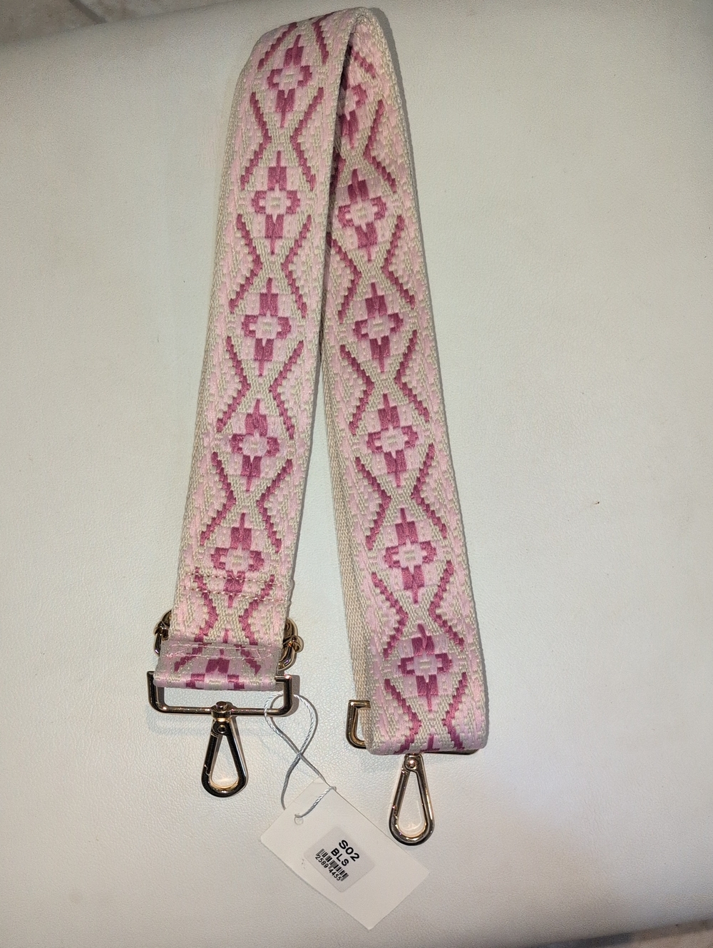 Pink and Cream Woven Bag Strap with Geometric Pattern Adjustable